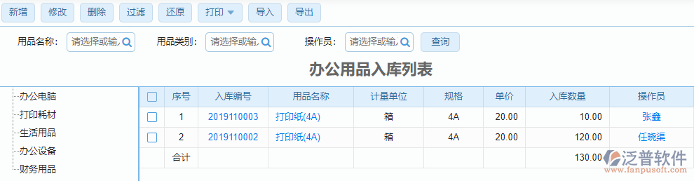辦公用品入庫(kù)列表