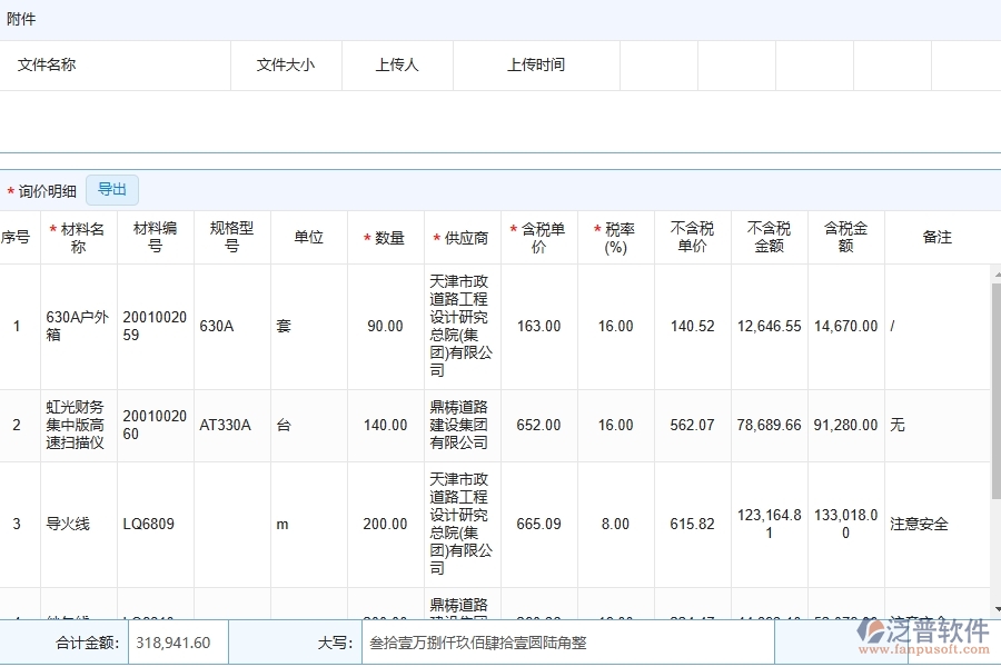 泛普軟件-路橋工程管理系統(tǒng)中材料詢價(jià)明細(xì)查詢填寫的注意事項(xiàng)