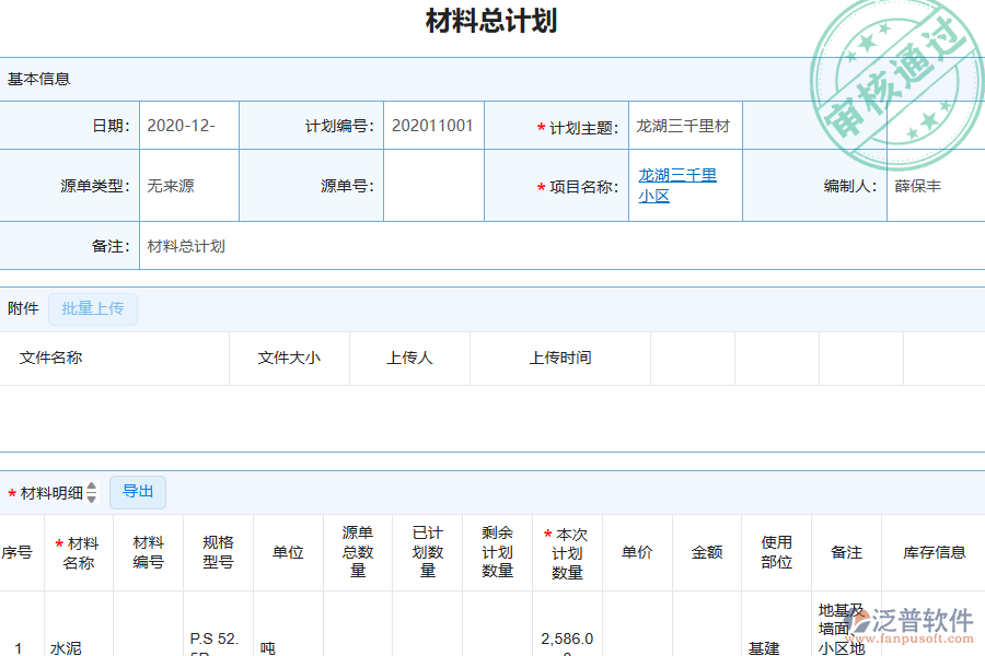 泛普軟件-園林工程行業(yè)管理系統(tǒng)中材料計劃執(zhí)行情況表的亮點