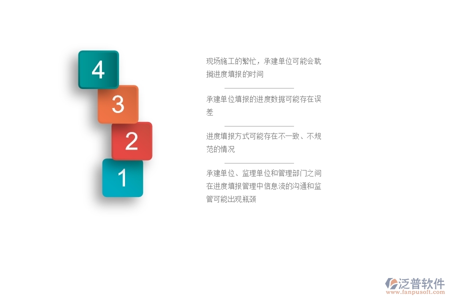 　　一、公路工程企業(yè)在進度列表管理過程中存在的問題有哪些  　　1、現場施工的繁忙，承建單位可能會耽擱進度填報的時間，導致監(jiān)理單位和管理部門不能及時掌握項目的整體進度情況。  　　2、承建單位填報的進度數據可能存在誤差，如進度節(jié)點的處理和審核不準確，影響項目進度的跟蹤和管理。  　　3、進度填報方式可能存在不一致、不規(guī)范的情況，如進度條目的格式不正確，起始時間和結束時間不清晰等，給后續(xù)數據處理和分析帶來困難。  　　4、在進度填報過程中可能沒有及時記錄，無法追溯，導致后期數據統(tǒng)計與分析時無法確定具體的數據參考來源。  　　5、可能出現漏填、遺漏或者不完整的情況，導致數據處理不準確，影響后續(xù)工作的提前預警、異常處理和決策分析。  　　6、承建單位、監(jiān)理單位和管理部門之間在進度填報管理中信息流的溝通和監(jiān)管可能出現瓶頸，導致監(jiān)管難度加大，進度管理效果下降。  　　二、泛普軟件-公路工程企業(yè)系統(tǒng)中進度列表管理的管控點  　　1、制定進度填報的標準格式，包括條目名稱、填寫格式、單位規(guī)定等，確保各方填報數據的格式一致性和標準化。  　　2、明確進度填報的責任人和責任部門，細化填報流程和進度監(jiān)管機制，確保進度數據的完整性和準確性。  　　3、采用信息化手段，如進度管理系統(tǒng)、移動App等，實現企業(yè)信息化管理和數據共享，促進信息共享和協同工作。  　　4、在現場設立進度填報點，配備專人跟蹤填報進度數據，并對填報數據進行審核和公示，有效控制填報數據的準確性和實時性。  　　5、對進度數據進行分析，及時發(fā)現進度異常情況并進行預警和處理，以便保證項目進度的正常推進和提高施工效率。  　　6、將進度填報數據進行歸檔，建立進度數據檔案庫，方便后期數據的查找和溯源，也便于后續(xù)的經驗總結和管理優(yōu)化。  　　三、泛普軟件-公路工程系統(tǒng)中進度列表管理的技術優(yōu)勢  　　1、提高數據處理和分析的效率，實現實時數據共享和協同工作，減少重復工作和數據錯誤，提升工作效率和施工質量。  　　2、相較于傳統(tǒng)手工填寫，數據的準確性和實時性得到了很大程度上的提升，能夠更為精準地掌握項目進度的狀態(tài)，提升項目和施工質量。  　　3、通過數據歸檔和建立數據檔案庫的方式，將填報的數據進行歸檔，能夠方便后續(xù)的數據查找、溯源和數據分析，為后續(xù)工作提供數據支撐和決策依據。  　　4、實現不同部門和人員之間的信息共享和協同工作，能夠減少信息孤島和信息壁壘的出現，提高協同工作效率和施工質量。  　　5、及時發(fā)現和處理施工過程中的問題和風險，及時調整和優(yōu)化施工進度和資源配置，提高工作流程和管理效率。  　　四、泛普軟件-公路工程管理系統(tǒng)在進度列表中的解決方案  　　1、數據采集：通過系統(tǒng)采集設備監(jiān)測、人員作業(yè)等數據，實現數據自動化和準確性。  　　2、進度分解：將工程項目按工序分解成多個節(jié)點，通過進度管理系統(tǒng)進行進度規(guī)劃，確定各工序的計劃開始時間、結束時間、工期等信息，形成進度計劃表。  　　3、進度跟蹤：通過實時監(jiān)控工程進度，對進度偏差情況進行預警和報警，及時調整進度計劃，保證施工工序按照計劃有序進行。  　　4、進度協同：系統(tǒng)內部溝通協作，實現不同人員、部門的進度信息共享和協同工作，減少信息重復填寫和過時的情況，提高工作效率。  　　5、進度分析：通過進度數據分析，快速判斷工程進度的偏差情況和原因，對進度延誤和提前因素進行分析和處理，提高工程質量和效益。  　　6、進度報告：根據進度數據生成報表和圖表，實現進度數據的可視化展示，為管理決策提供數據支撐。