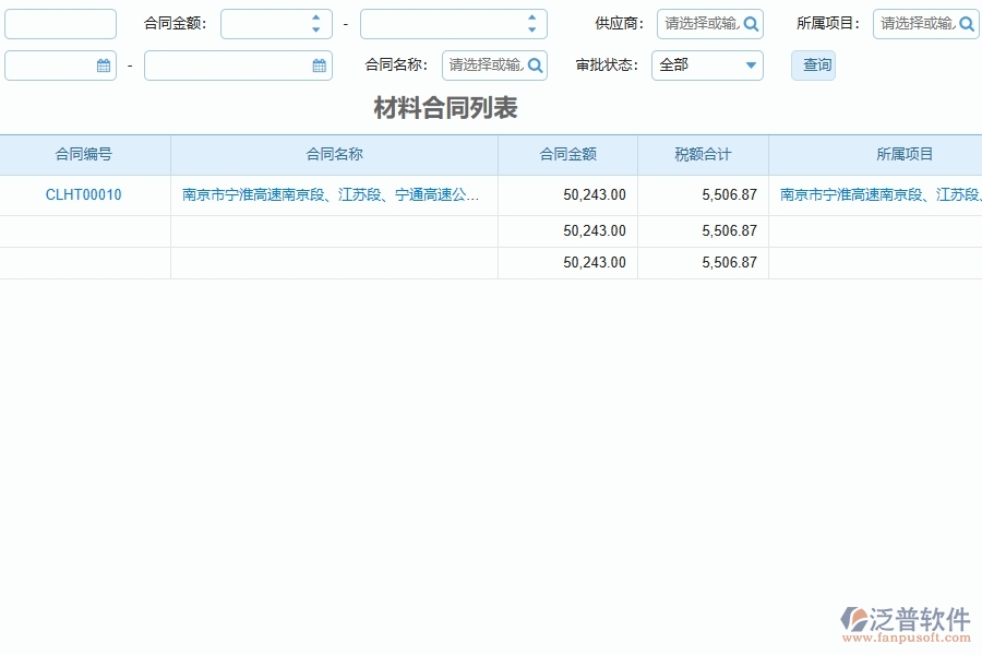 泛普軟件-路橋工程企業(yè)管理系統(tǒng)中材料合同報(bào)表主要功能